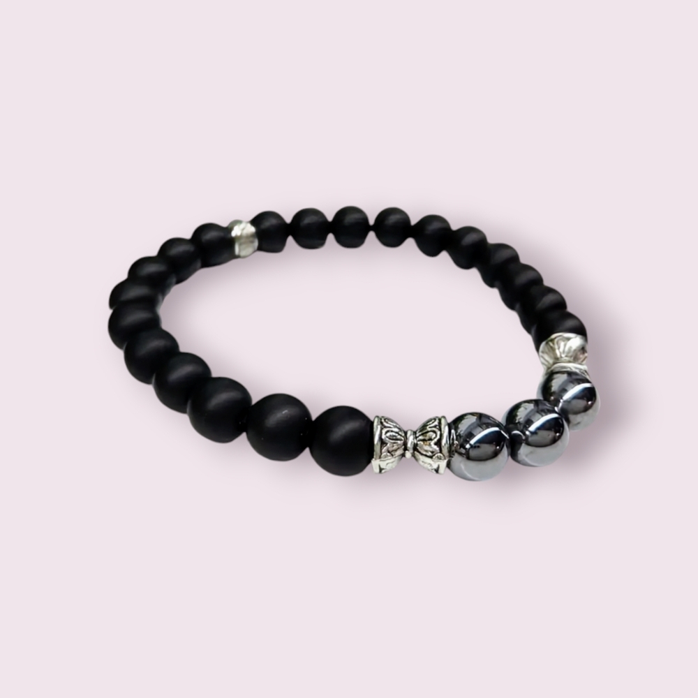 Handmade Natural Terahertz/ Matte Black Obsidian 8mm Beaded Bracelet - Picture 4 of 4